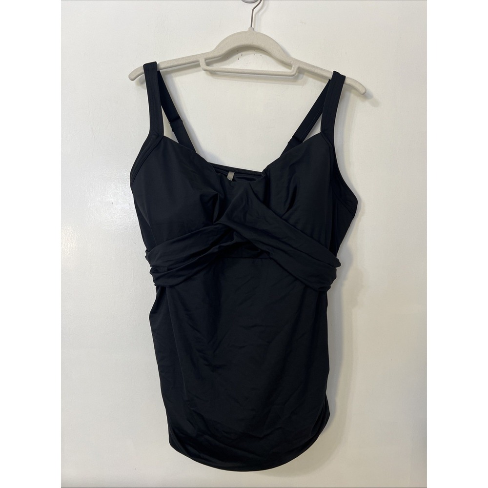 Lands' End Swim Top Black 18W DDD Wrap Front Tankini 1X Solid Tummy‎ Control